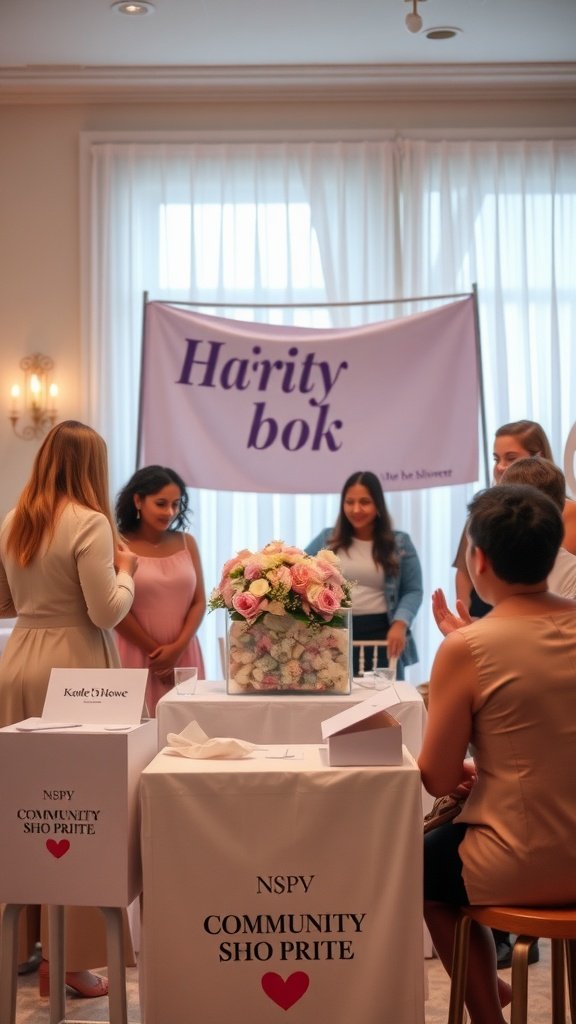 35 Creative Bridal Shower Ideas for an Unforgettable Celebration Guests participating in a charity bridal shower event, engaging with a floral centerpiece and donation boxes.