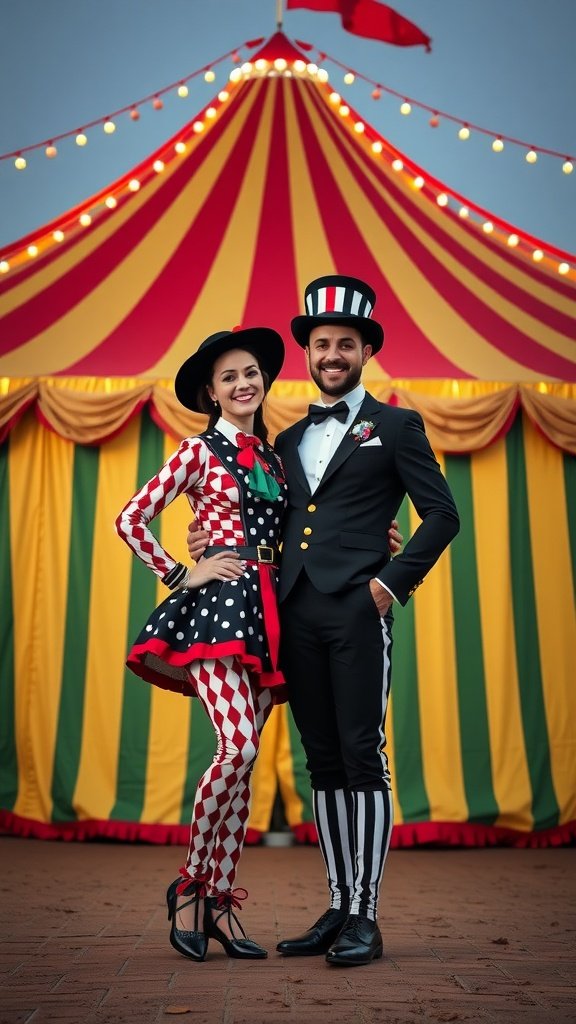 35 Best Couples Costumes for Your Next Halloween Party A couple dressed as circus performers standing in front of a colorful striped circus tent.