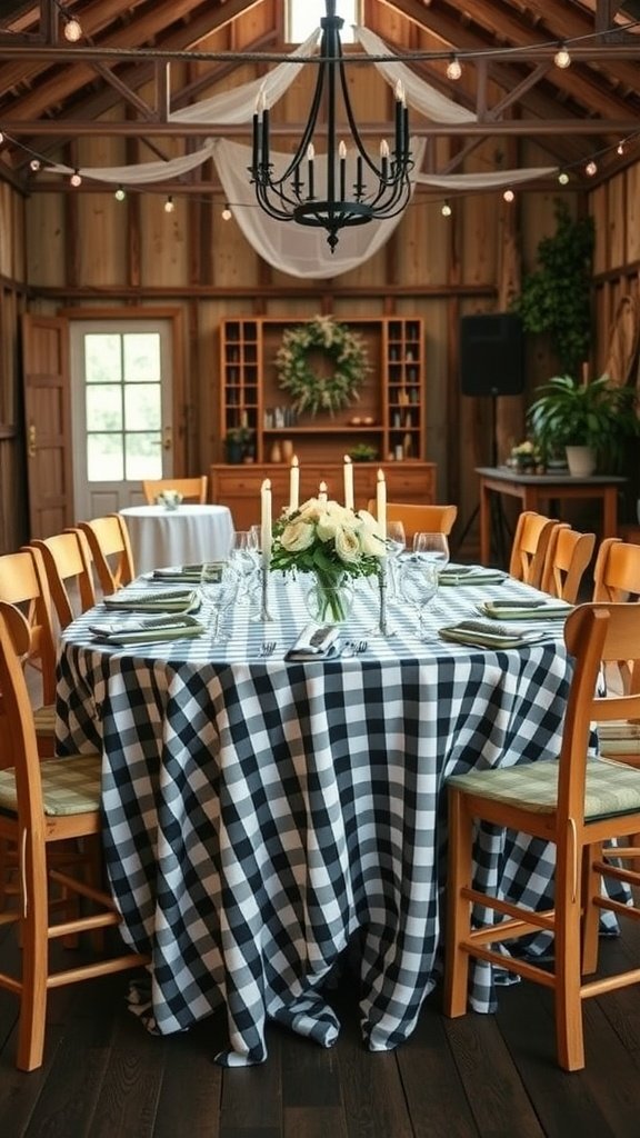 35 Stunning Romantic Wedding Table Settings for Your Special Day A rustic wedding table setting with a black and white checkered tablecloth, wooden chairs, elegant glassware, and a floral centerpiece.