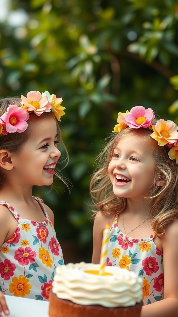 25 Fun Ideas for a 2nd Birthday Summer Party for Girls Two girls wearing flower crowns at a summer birthday party, smiling near a cake