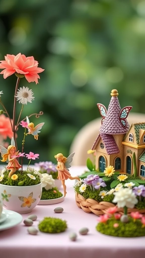 25 Fun Ideas for a 2nd Birthday Summer Party for Girls Fairy garden centerpieces with flowers and fairy figures on a table