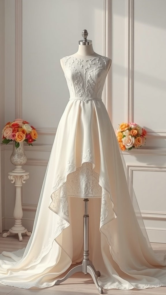 35 Breathtaking Romantic Wedding Dresses for Your Dream Day A beautiful high-low wedding dress with intricate embroidery, displayed on a mannequin in a bright room.