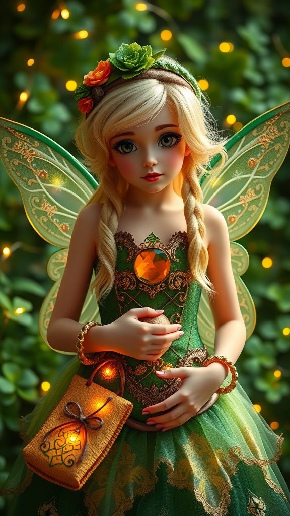 25 Creative St. Patrick's Day Costume Ideas for Everyone A charming Irish fairy costume featuring a green dress, elegant wings, and a floral headband, set against a backdrop with softly glowing lights.