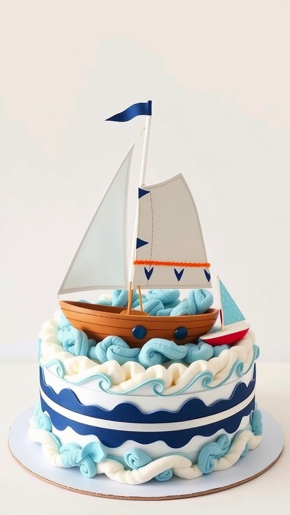 35 Adorable Diaper Cake Ideas for Baby Boys A charming sailboat diaper cake with blue and white waves and a decorative sailboat on top.
