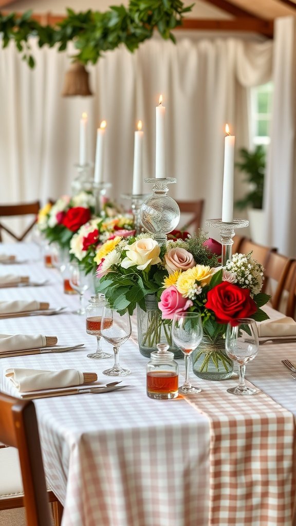 35 Stunning Romantic Wedding Table Settings for Your Special Day A romantic wedding table setting featuring floral arrangements, candles, and checkered tablecloth.