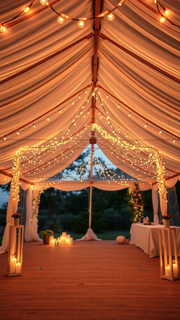 35 Creative Bridal Shower Decoration Ideas You'll Love A beautifully decorated tent with string lights and soft fabric, creating a warm and inviting atmosphere.