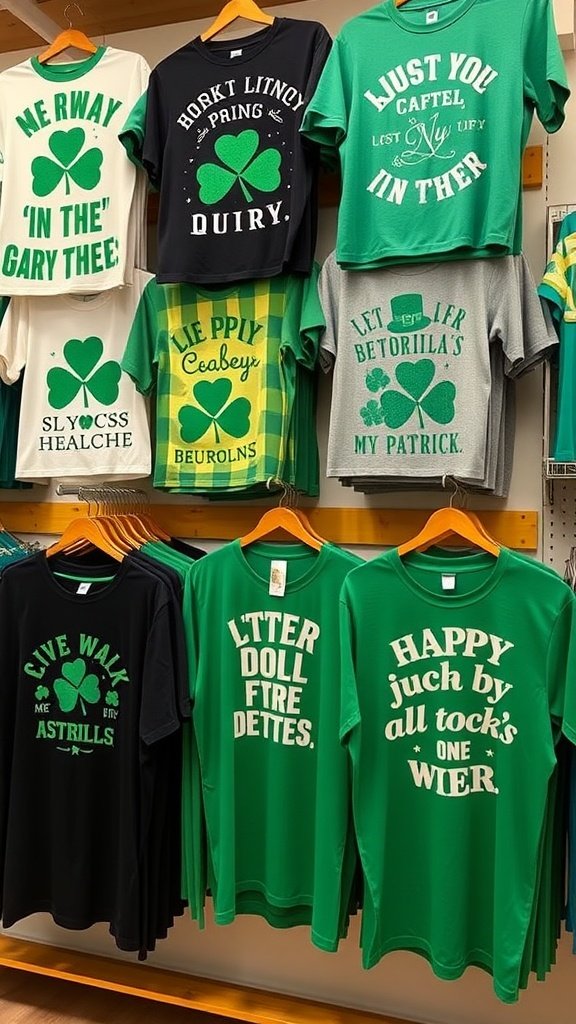 25 Creative St. Patrick's Day Costume Ideas for Everyone A selection of cheerful St. Patrick's Day t-shirts in various colors and designs, featuring clover graphics and playful phrases.