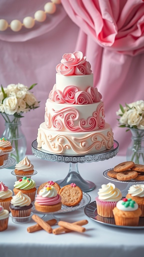 35 Creative Bridal Shower Decoration Ideas You'll Love A beautifully arranged dessert table featuring a multi-tiered pink cake, cupcakes, cookies, and floral decorations.