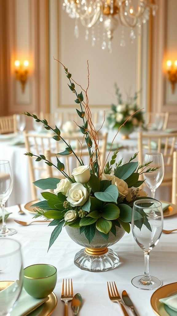 35 Stunning Ideas for a Sage Green and Gold Wedding Theme Chic sage green centerpiece with white roses and greenery on elegantly set table