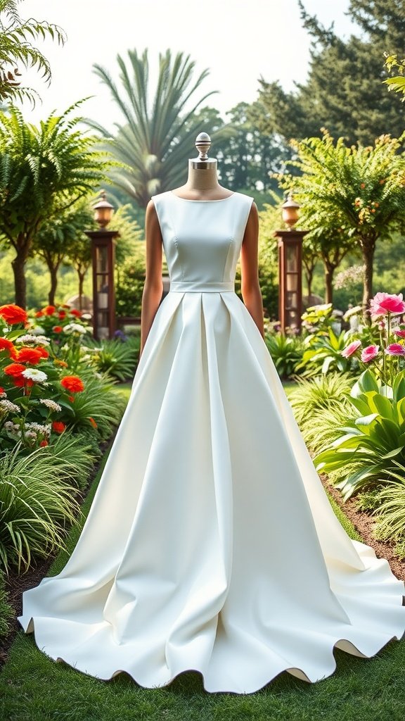 35 Breathtaking Romantic Wedding Dresses for Your Dream Day A chic white two-piece wedding dress displayed in a garden setting.
