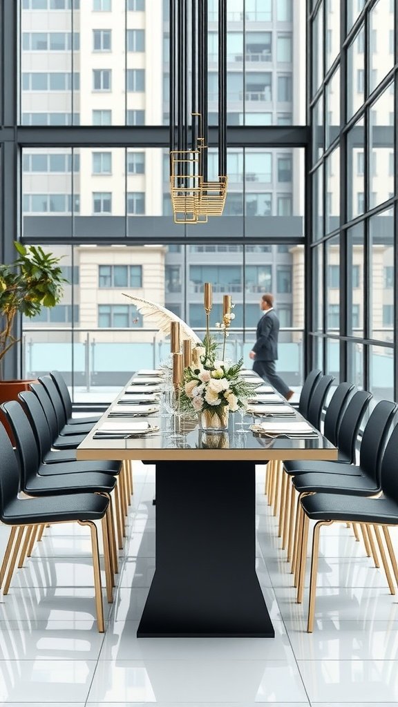 35 Stunning Romantic Wedding Table Settings for Your Special Day A stylish wedding table setting in an urban space, featuring a glossy black table, gold accents, and a floral centerpiece.