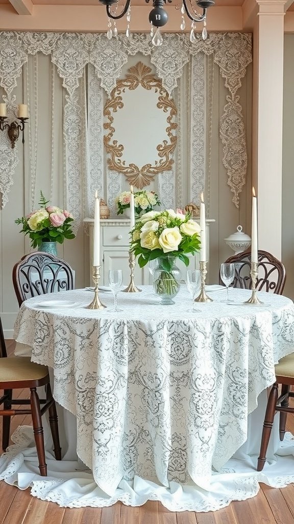 35 Stunning Romantic Wedding Table Settings for Your Special Day A vintage wedding table setting with a lace tablecloth, floral arrangements, and elegant candles.