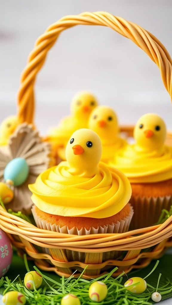 25 Creative and Colorful Easter Cupcakes to Try This Spring Chickadee cupcakes with yellow frosting and chick decorations in a basket.