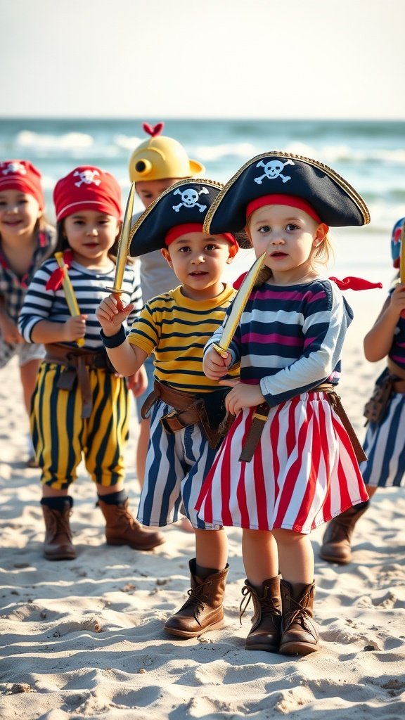 25 Must-Have Accessories for the Ultimate Pirate Costume A group of children in colorful pirate costumes playing at the beach.