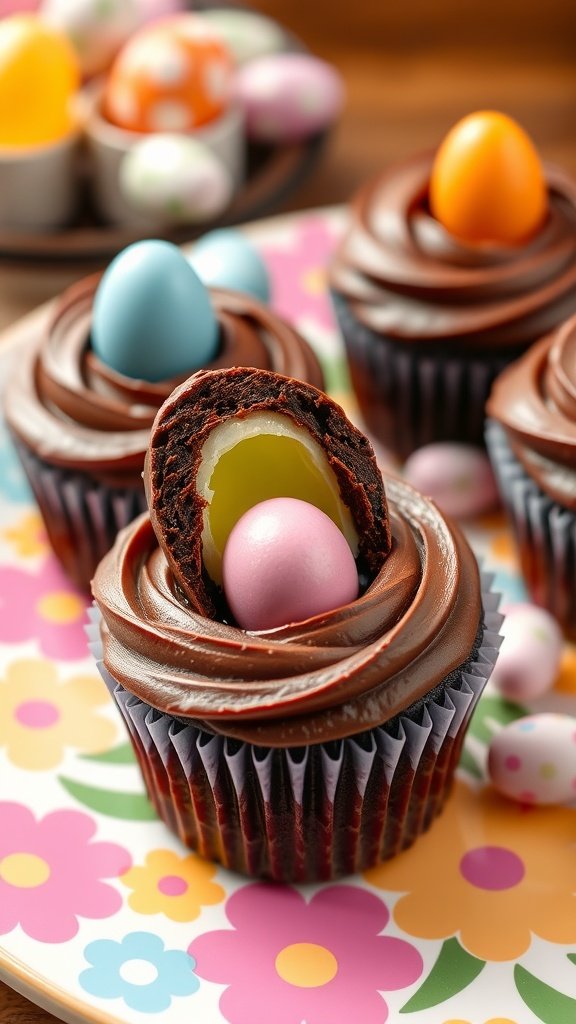 25 Creative and Colorful Easter Cupcakes to Try This Spring Delicious chocolate cupcakes filled with surprise mini eggs, decorated with rich chocolate frosting.