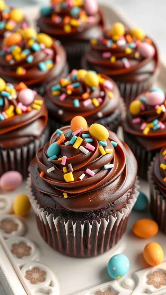 25 Creative and Colorful Easter Cupcakes to Try This Spring Delicious chocolate ganache cupcakes topped with colorful Easter sprinkles.