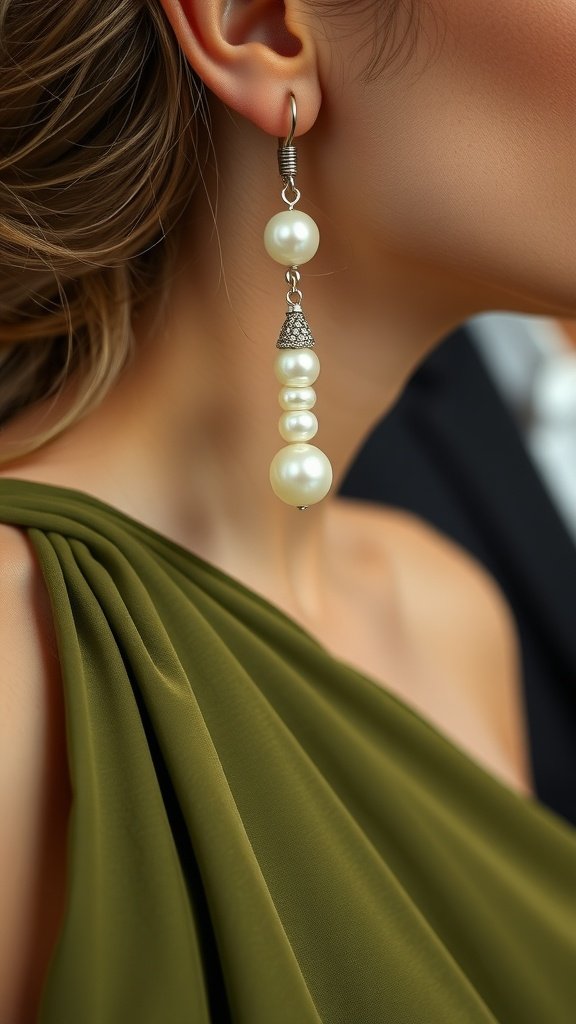 35 Stunning Olive Green Dress Outfits for Weddings A close-up of a woman wearing pearl earrings with an olive green dress.