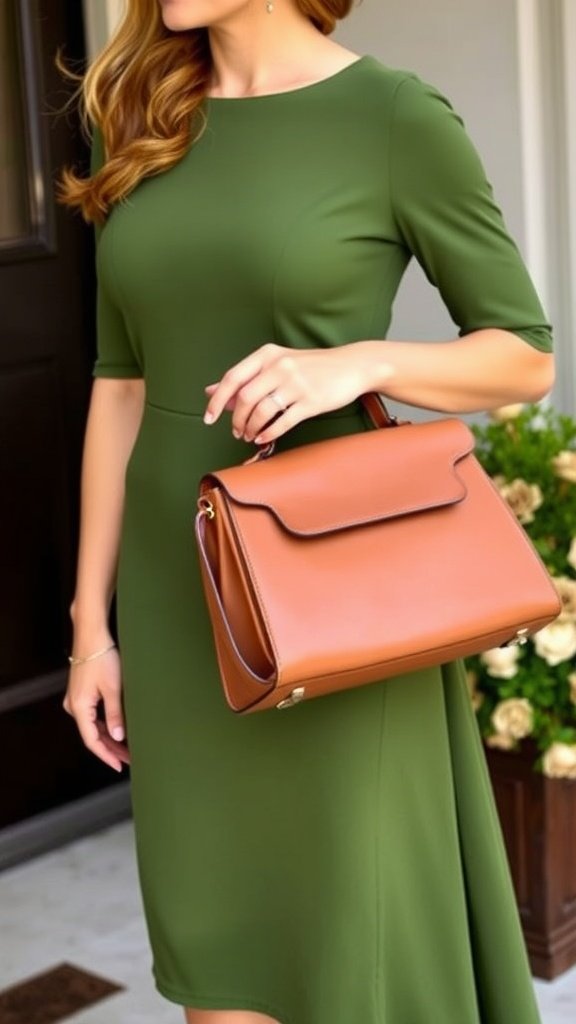 35 Stunning Olive Green Dress Outfits for Weddings A woman in an olive green dress holding a stylish brown handbag at a wedding.