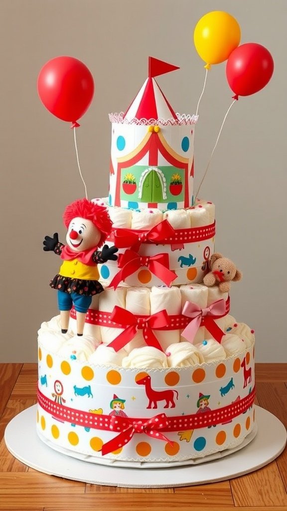 35 Adorable Diaper Cake Ideas for Baby Boys Circus-themed diaper cake for a baby boy featuring colorful balloons, a clown, and teddy bear.