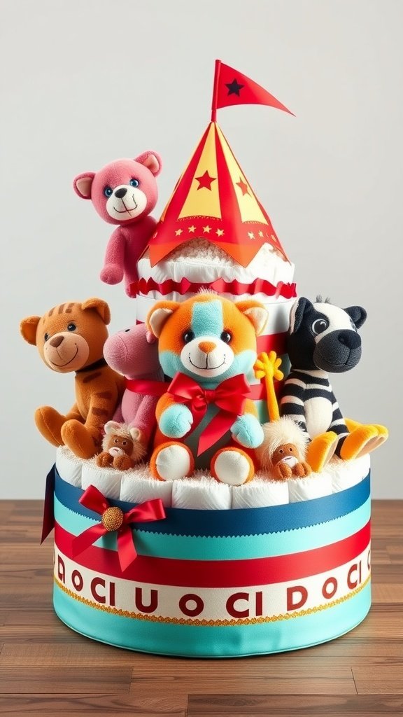 35 Adorable Diaper Cake Ideas for Baby Boys Circus Animal Diaper Cake with plush toys and colorful decorations