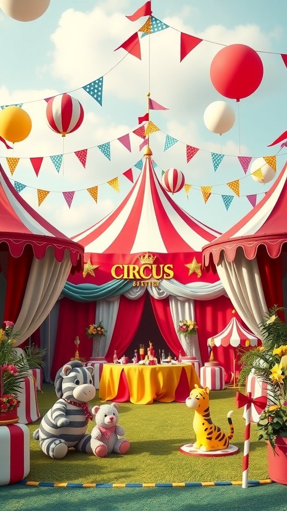 35 Creative 2nd Birthday Party Ideas for Girls Colorful circus-themed birthday party setup with plush toys and a festive table.
