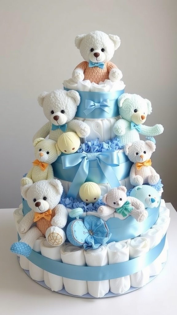 35 Adorable Diaper Cake Ideas for Baby Boys A classic blue diaper cake design featuring teddy bears and decorative ribbons.