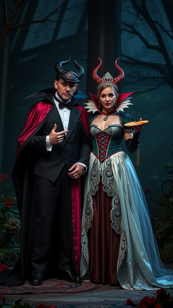 35 Best Couples Costumes for Your Next Halloween Party Couple dressed as fairy tale villains, a dark prince and a wicked queen, showcasing stunning costumes