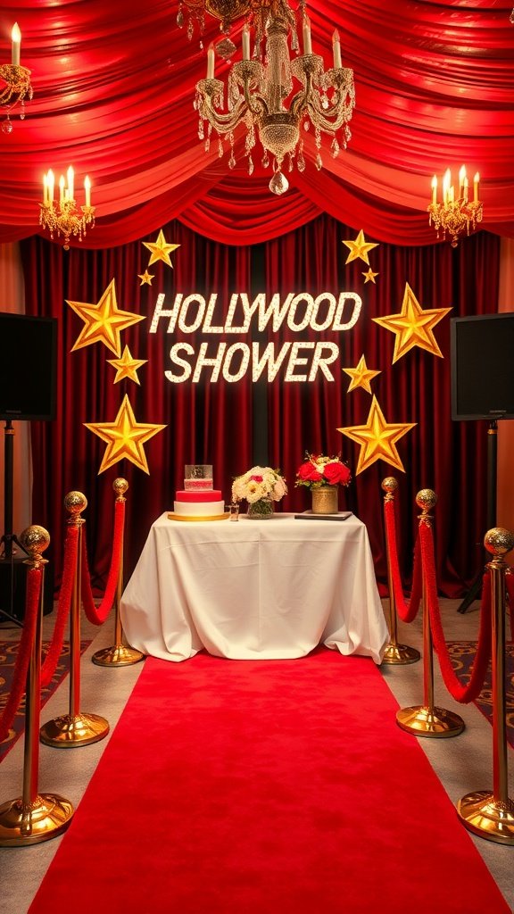 35 Creative Bridal Shower Ideas for an Unforgettable Celebration A glamorous Hollywood-themed bridal shower setup featuring a red carpet, golden stanchions, and a decorated table with flowers and cake.