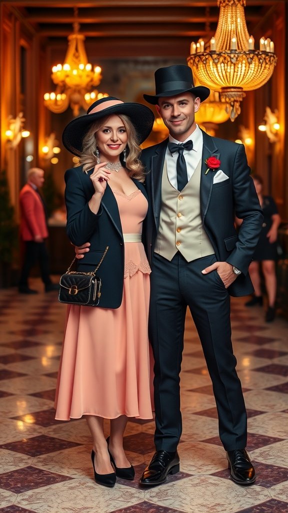 35 Best Couples Costumes for Your Next Halloween Party A couple dressed in elegant formal attire, reminiscent of classic movie characters, standing in a glamorous setting.