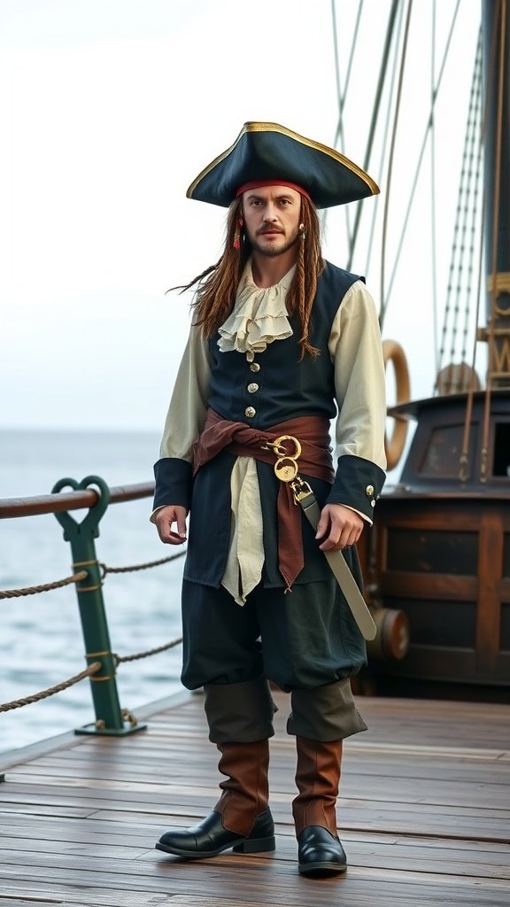 25 Must-Have Accessories for the Ultimate Pirate Costume A man dressed in a classic pirate costume standing on a ship deck
