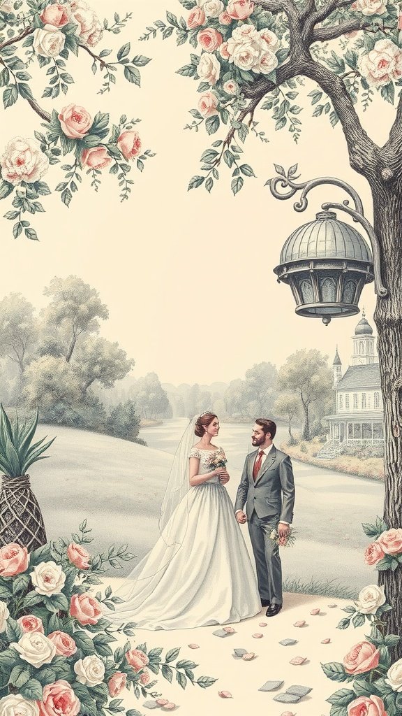 35 Stunning Wedding Wallpaper Ideas to Transform Your Venue Bride and groom standing in a romantic outdoor setting with floral elements
