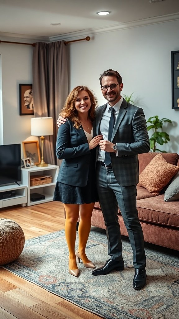 35 Best Couples Costumes for Your Next Halloween Party A couple in a living room, dressed as classic TV show characters, smiling and posing together.