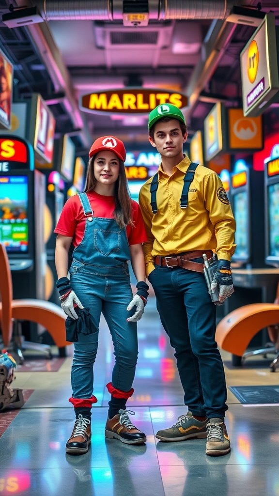 35 Best Couples Costumes for Your Next Halloween Party A couple dressed as Mario and Luigi from a classic video game, in a vibrant arcade setting.