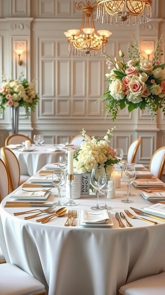 35 Stunning Romantic Wedding Table Settings for Your Special Day A beautifully set wedding table featuring white tablecloths, gold flatware, and elegant floral arrangements.
