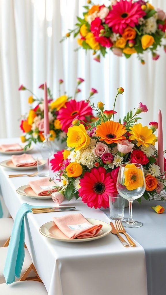 35 Stunning Romantic Wedding Table Settings for Your Special Day A beautifully arranged wedding table featuring colorful spring flowers in vibrant colors, with elegant table settings.