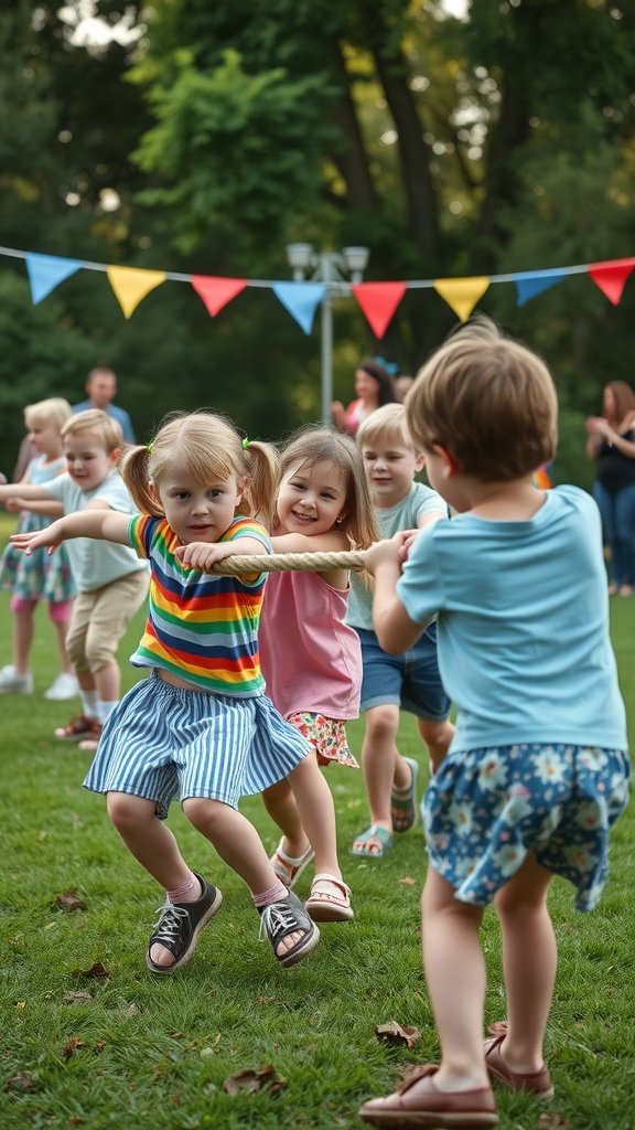 25 Fun Ideas for a 2nd Birthday Summer Party for Girls Children playing tug-of-war at a summer birthday party with colorful bunting in the background.