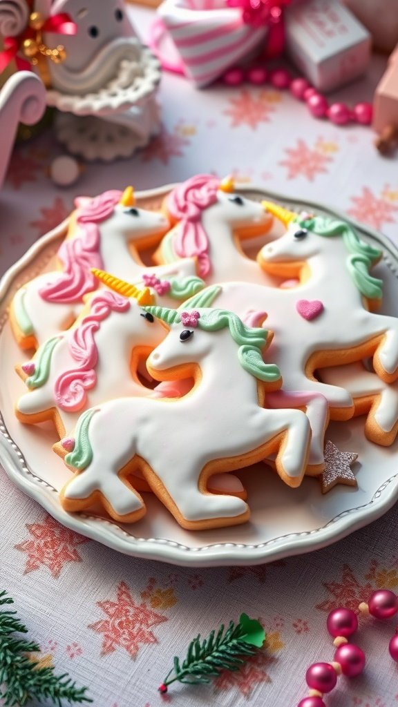 25 Magical Unicorn 2nd Birthday Party Ideas A plate of colorful unicorn cookies decorated with icing, perfect for a birthday party.
