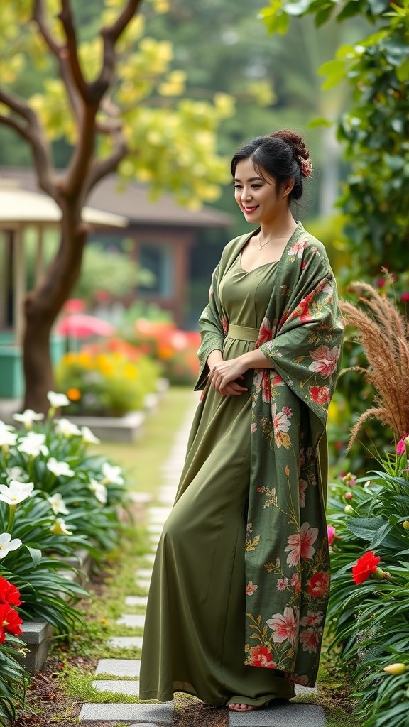 35 Stunning Olive Green Dress Outfits for Weddings A woman in an olive green dress with a floral kimono, standing in a lush garden.