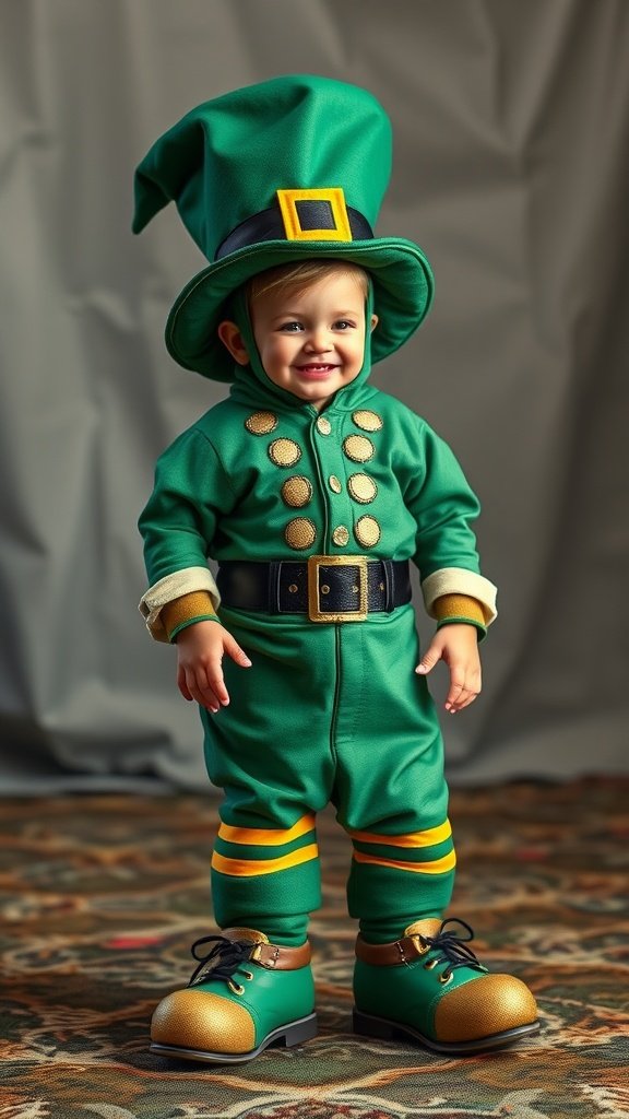 25 Creative St. Patrick's Day Costume Ideas for Everyone A young child dressed in a green leprechaun costume with a floppy hat and oversized shoes, smiling.