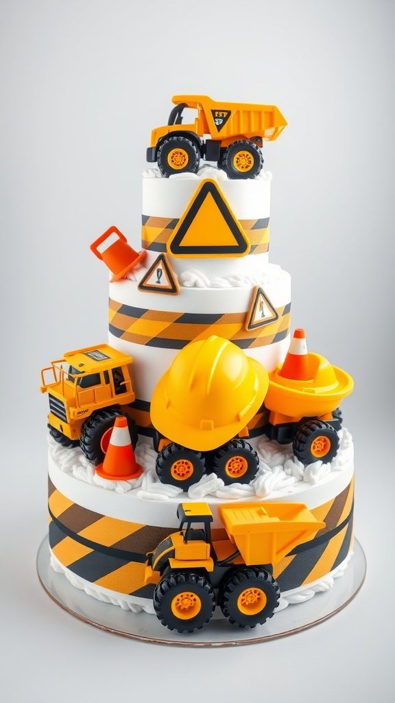 35 Adorable Diaper Cake Ideas for Baby Boys A three-tiered diaper cake designed like a construction zone, featuring toy trucks, safety cones, and caution tape.
