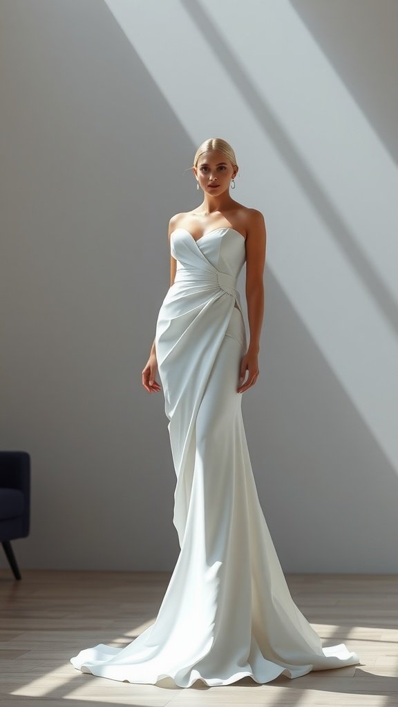 35 Breathtaking Romantic Wedding Dresses for Your Dream Day A stunning contemporary asymmetric wedding dress with elegant draping, showcasing a modern design.