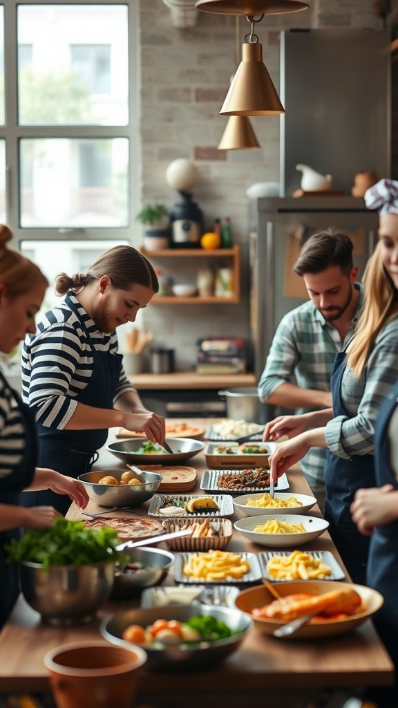 35 Creative Bridal Shower Ideas for an Unforgettable Celebration Group of friends cooking together in a kitchen during a bridal shower celebration