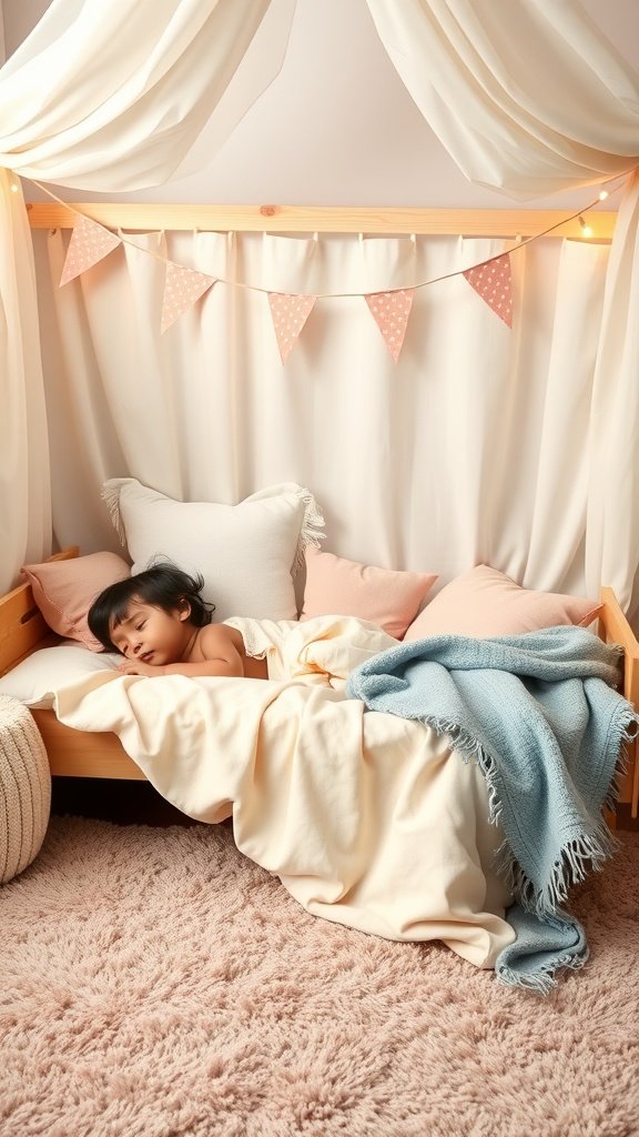 35 Creative Ideas for an Unforgettable 2nd Birthday Party A young child peacefully sleeping on a cozy bed surrounded by pillows and blankets, with soft lighting and decorations.