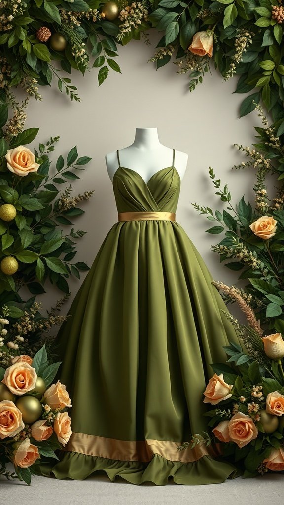 35 Stunning Olive Green Dress Outfits for Weddings A beautiful olive green dress displayed among lush foliage and soft peach roses, ideal for a wedding outfit.