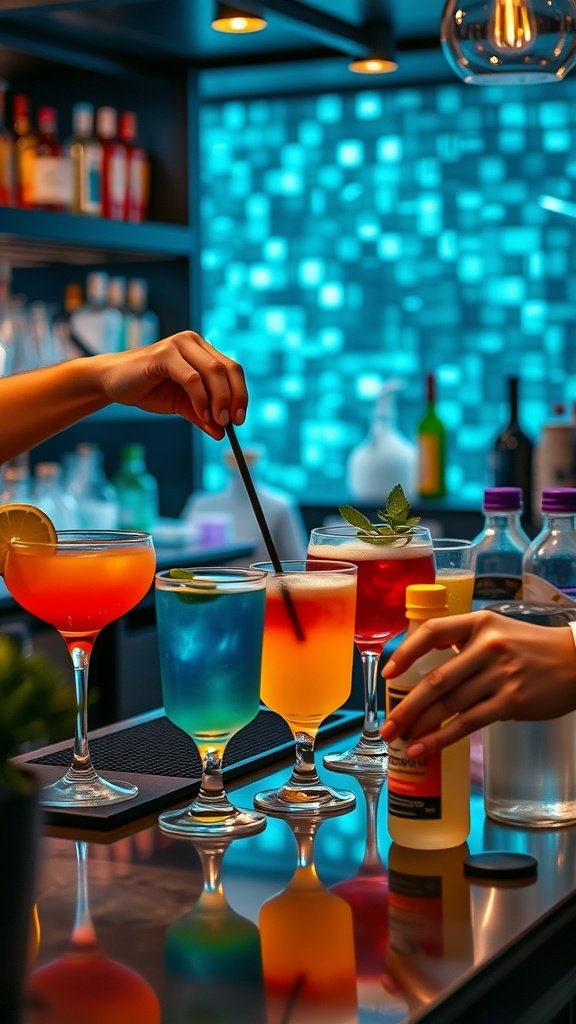 35 Creative Bridal Shower Ideas for an Unforgettable Celebration A variety of colorful cocktails being prepared at a bar, showcasing vibrant drinks with garnishes.