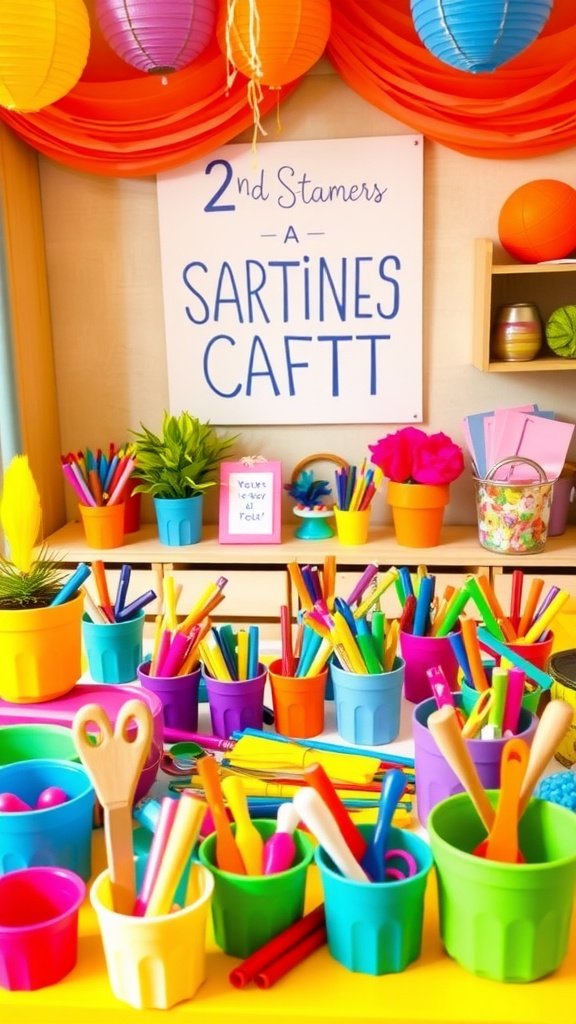 25 Fun Ideas for a 2nd Birthday Summer Party for Girls Creative craft station filled with colorful supplies for a child's birthday party.