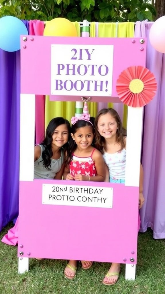 25 Fun Ideas for a 2nd Birthday Summer Party for Girls DIY photo booth for a summer party with bright decorations and two women posing