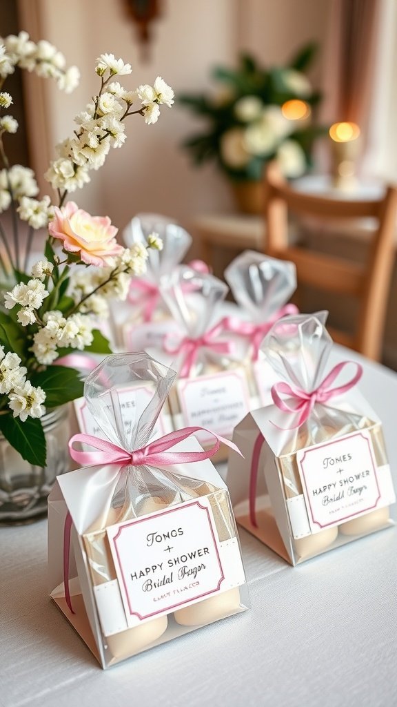 35 Creative Bridal Shower Decoration Ideas You'll Love Table with beautifully packaged bridal shower favors in clear boxes tied with pink ribbons.