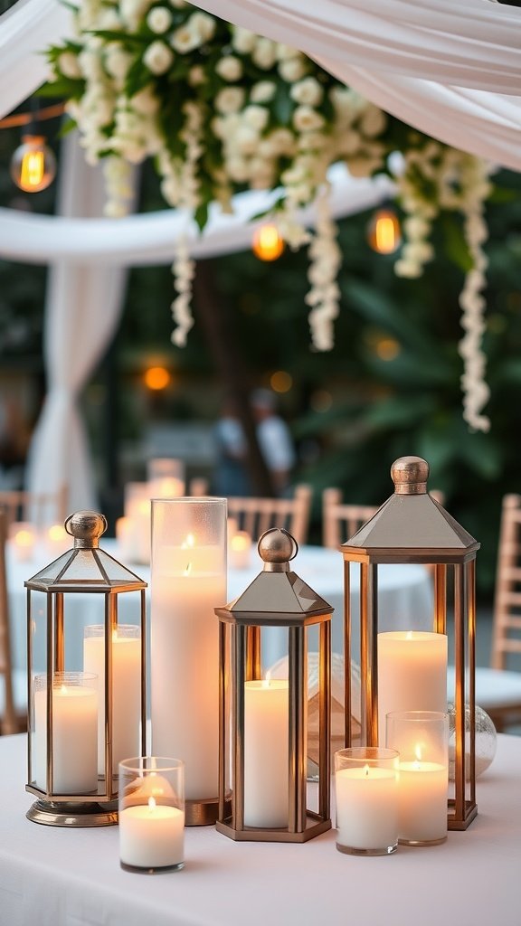 35 Creative Bridal Shower Decoration Ideas You'll Love Beautiful candle lanterns and floating candles on a table, creating a warm and inviting atmosphere.