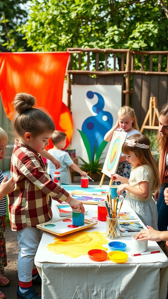 35 Creative Ideas for an Unforgettable 2nd Birthday Party Children engaged in painting activities at an outdoor art station for a birthday party.